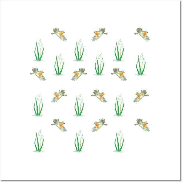 Robin Birds and Snowdrops Pattern Wall Art by Julia Doria Illustration